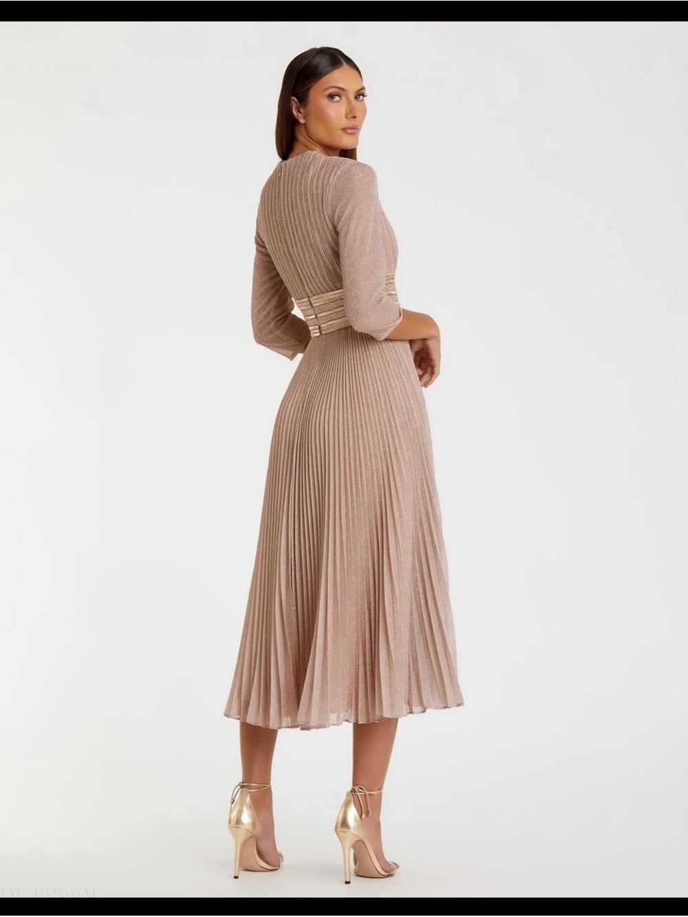 Mac Duggal Shimmery Pleated Midi Dress in Champagne Beige